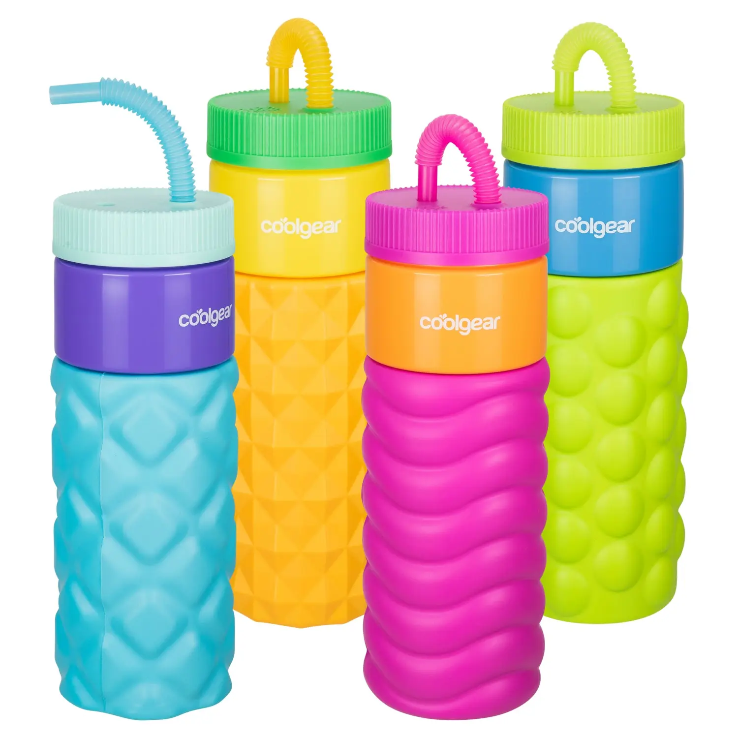 COOLGEAR 2-Pack 24 oz Portable Reusable GO GRIP Plastic Retro Squishy Water Bottles for School, Cute Printed Design, Foam Grip, Resealable Bendy Straw, Dishwasher Safe (Ideal for Back to School Haul, Happy Birthday Gifting), Rainbow