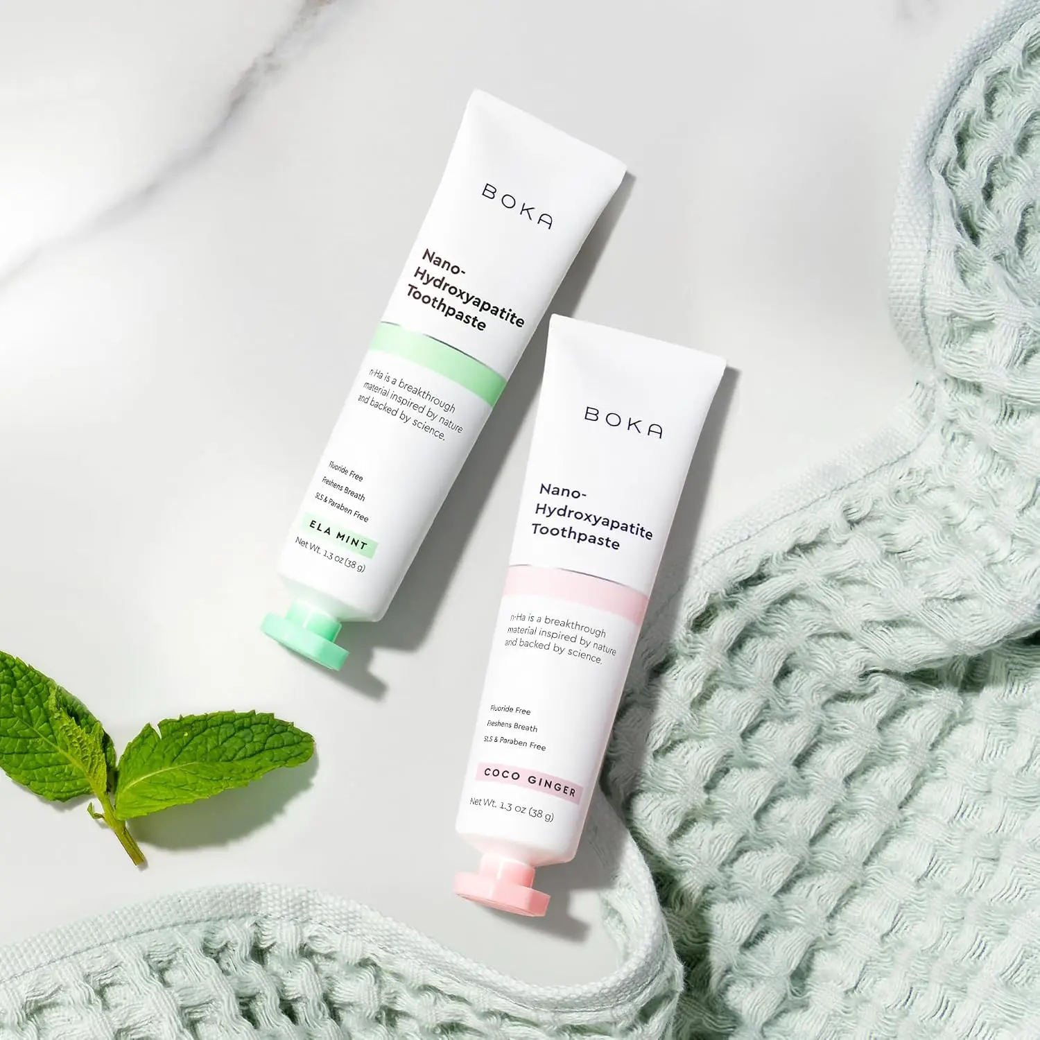 Boka Toothpaste - Fluoride Free Toothpaste, Nano Hydroxyapatite Toothpaste | Appropriate for Sensitive Teeth - Adult Oral Care - Ela Mint, Coco Ginger - 1.3 Oz, 2PK