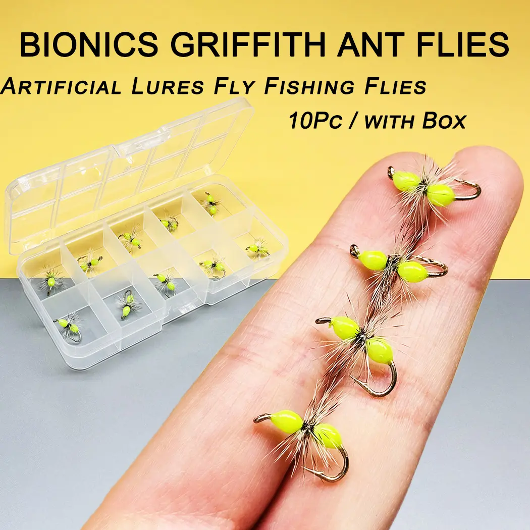 10Pcs(with Flies Box) #10 Fly Fishing Flies Griffith Ant Artificial Dry Flies Bait Fishing Lures for catching fish like Trout/Bass/Perch/Carp etc in fresh water or salt water