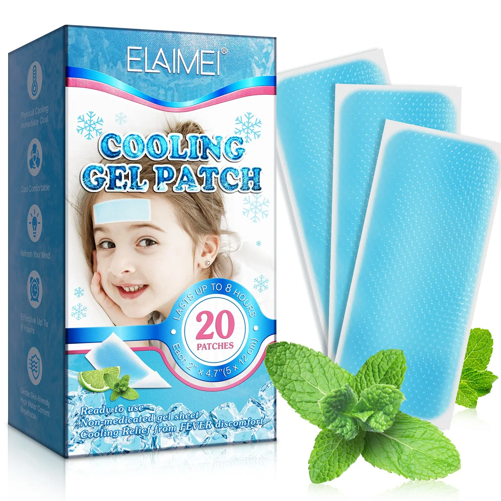 Elaimei Cold Compress Patches 20pcs/box, Cooling Gel Pads for Heat Relief, Ice Cool Stickers, Summer Cooling Essential