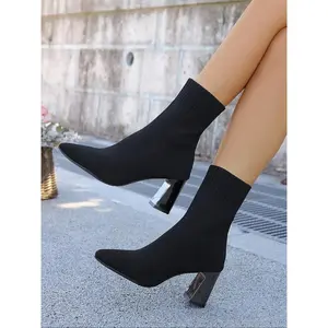 Women's High Heel Shoes, Pointed Toe, Elastic Knit Design, Perfect for Work & Casual Wear, Comfortable Textile Upper Material(Sheets)