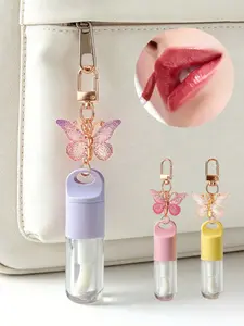 5ML Transparent Lip Gloss Tube with Butterfly Keychain Pendant, Portable Lip Oil Refill Bottle, Includes Brush Applicator for Easy Use