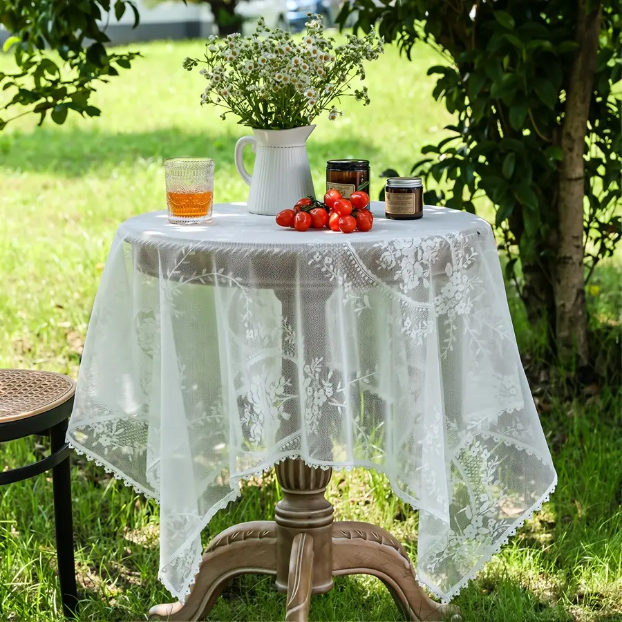 French Country Lace Tablecloth Hollow Trim Outdoor Picnic Afternoon Tea Small Round Table Cloth, Elegant Home Decor Accessory, Picnic Table Cover