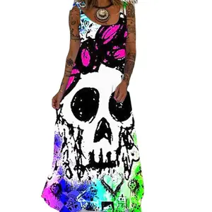 New Women's Punk Skull Print Floral Sleeveless Loose Plus Size Lace-Up Dress Casual Summer Womenswear Fashion Fit Day Everyday Love Statement 1# Outfit Style Stylish Smoking Skull T-Shirt
