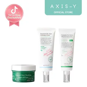AXIS-Y Sensitive Skin Savior Kit - Mugwort Pore Clarifying Wash Off Pack + Heartleaf My Type Calming Cream + Complete No-Stress Physical Sunscreen Vegan Korean Skin Care Bundle