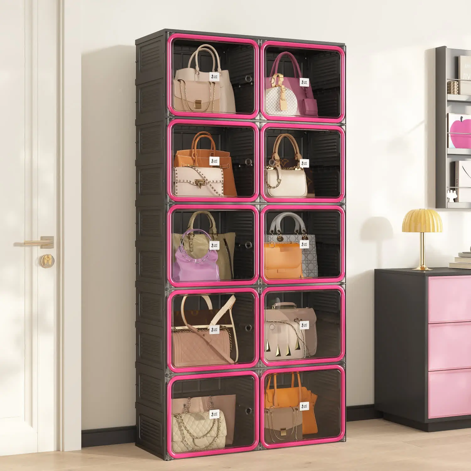 ANTBOX 5 Tier Double-Column Boots & Bags Storage Cabinet, Large Foldable Organizer for Tall Boots, Handbags & Accessories, Black & Rose Red Dustproof Closet Storage Cabinet with Magnetic Clear Doors for Bedroom & Entryway