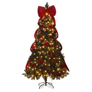 7.5 FT Artificial Christmas Tree with DIY 300 Warm White LED Lights, Hinged Xmas Pine Tree with Giant Bowknot and Red Ball Ornaments for Holiday Party Office Home, Dark Green Tree & Red Decor