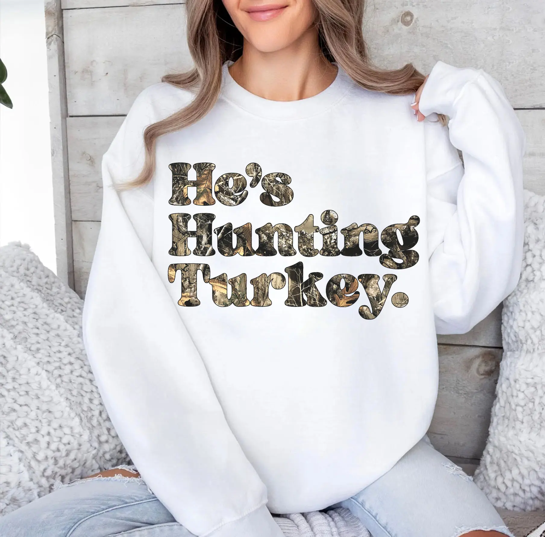 Women's Turkey Hunting Graphic Sweatshirt, Classic Fit Long Sleeve Pullover in Realtree Edge Camo, Soft Cotton Blend Top, Women's Clothes, Hoodie, Spandex, Crew Neck, Digital Print, Soft Blend, Unisex Cut, All Seasons, Casual, Printed