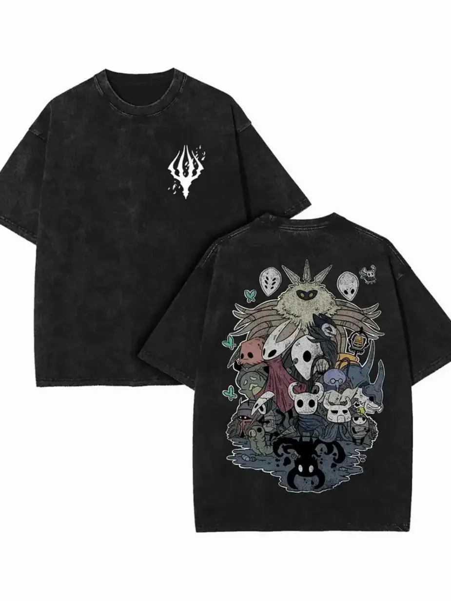 Hollow Knight Characters Graphic Vintage Wash T-shirt, High-Quality Gamer Streetwear Tee