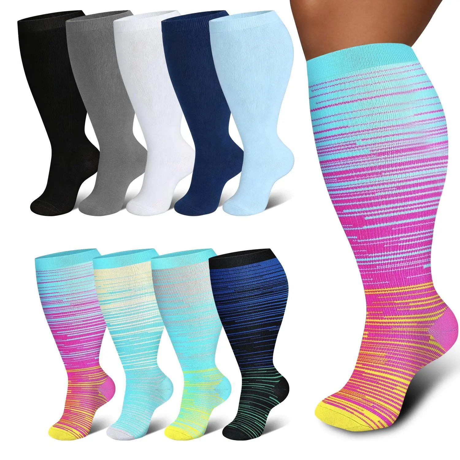 3Pairs Plus Size Compression Socks for Women & Men, 20-30mmHg Graduated Calf High Socks for Circulation, Wide Calf Compression Socks for Nurses, Running, Pregnancy