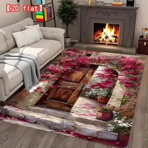 2D flat large best-selling velvet carpet, ancient wooden door and flower wall. Carpet for living room, hallway, bedroom, and game room modern home decor.