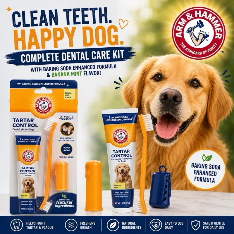 Pets Tartar Control Dog Dental Care Kit, Banana Mint Flavor Toothpaste with Baking Soda, Double-Sided Toothbrush and Finger Brush Included, 2.5 Oz, 3-Piece