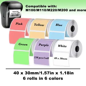 6 Rolls Thermal Paper Labels Set, Colorful 40x30mm, Blue, Compatible with M100 M110 B1 B2 B3s, Clear Printing