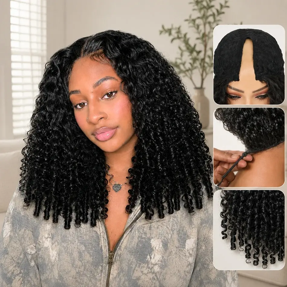 V Part Wig Human Hair Burmese Curly Glueless Wigs Human Full Head Clip In Half Wigs Upgrade U Part Human Hair Wig with Drawstring 180% Density Natural Black