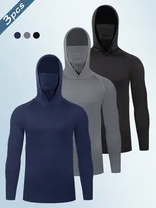 3pcs Men's Sporty High Neck Compression Long Sleeve Hoodie Set, Gym Sport Hoodies, Polyester Fabric, Elastic Fit, All-Season Wear, Athletic Compression Shirt, Gym Tops, Ideal for Sports & Outdoor Fitness