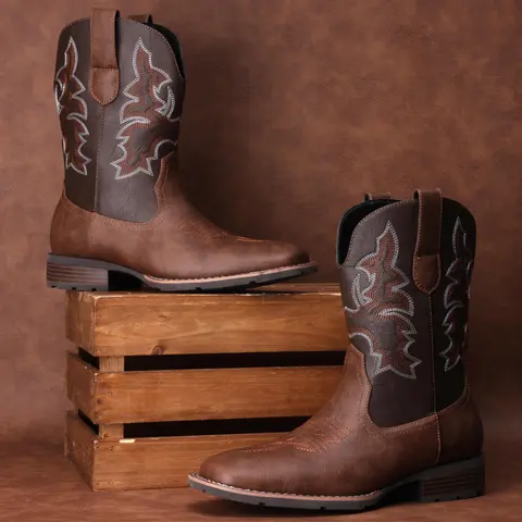 Plus-Size Men's Faux Leather Cowboy Ankle Boots - Black, Breathable, All Seasons, Embroidered Retro Aesthetic, Slip-Resistant Square Toe, Chunky Heel, Durable Basic Casual Wear, Ideal for Men's Christmas Gifts, Christmas Must-Haves