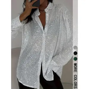 Women's Sequined Sheer Long Sleeve Button Shirt, Elegant Blouse for Parties & Daily Wear, Stylish Women's Clothing