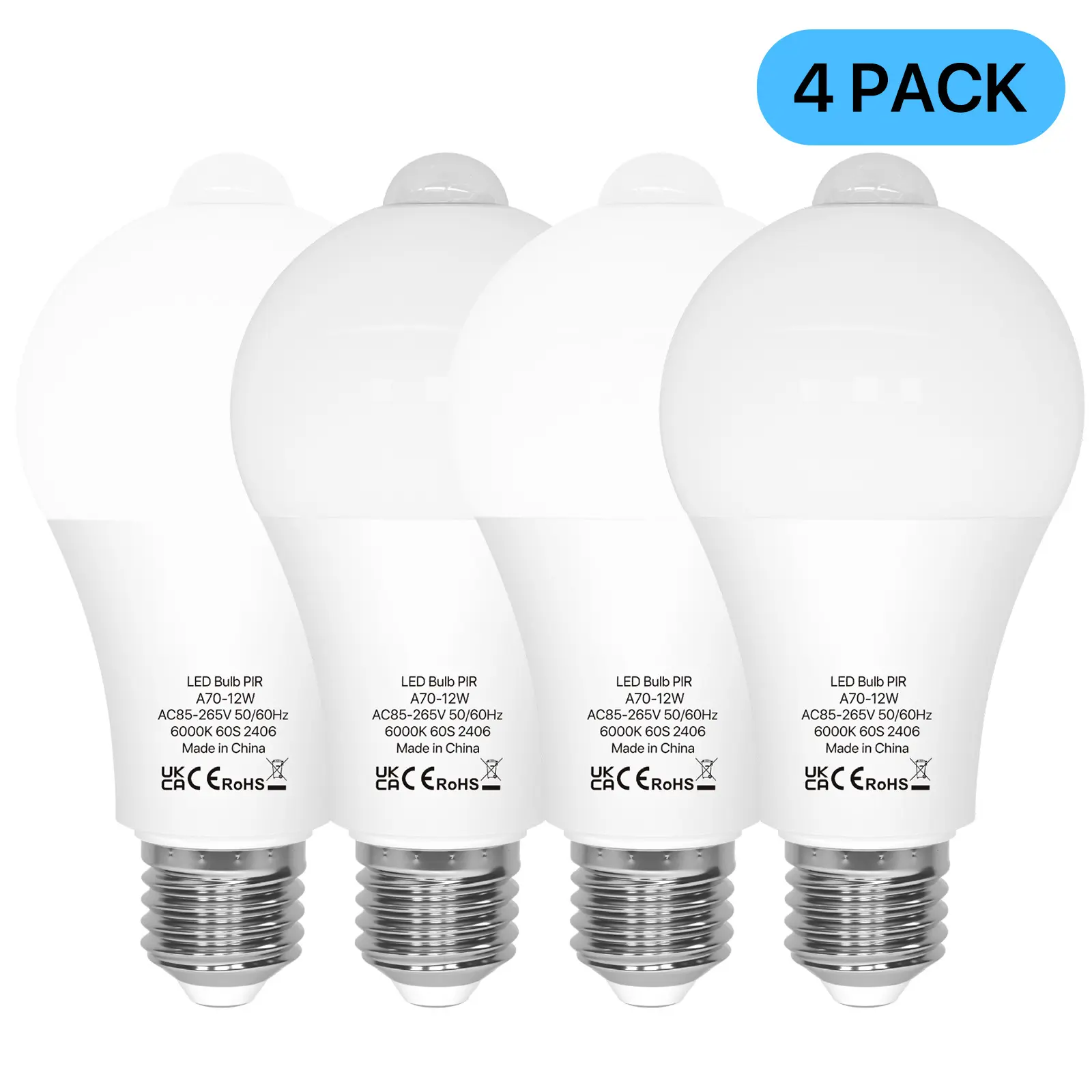 4-Pack Smart A19 E26 AC Power Motion Sensor LED Light Bulbs, 12W (100W Equivalent), 6000K Cool White, Auto On/Off, Indoor-Outdoors Porch Bulbs for Garage, Stairs