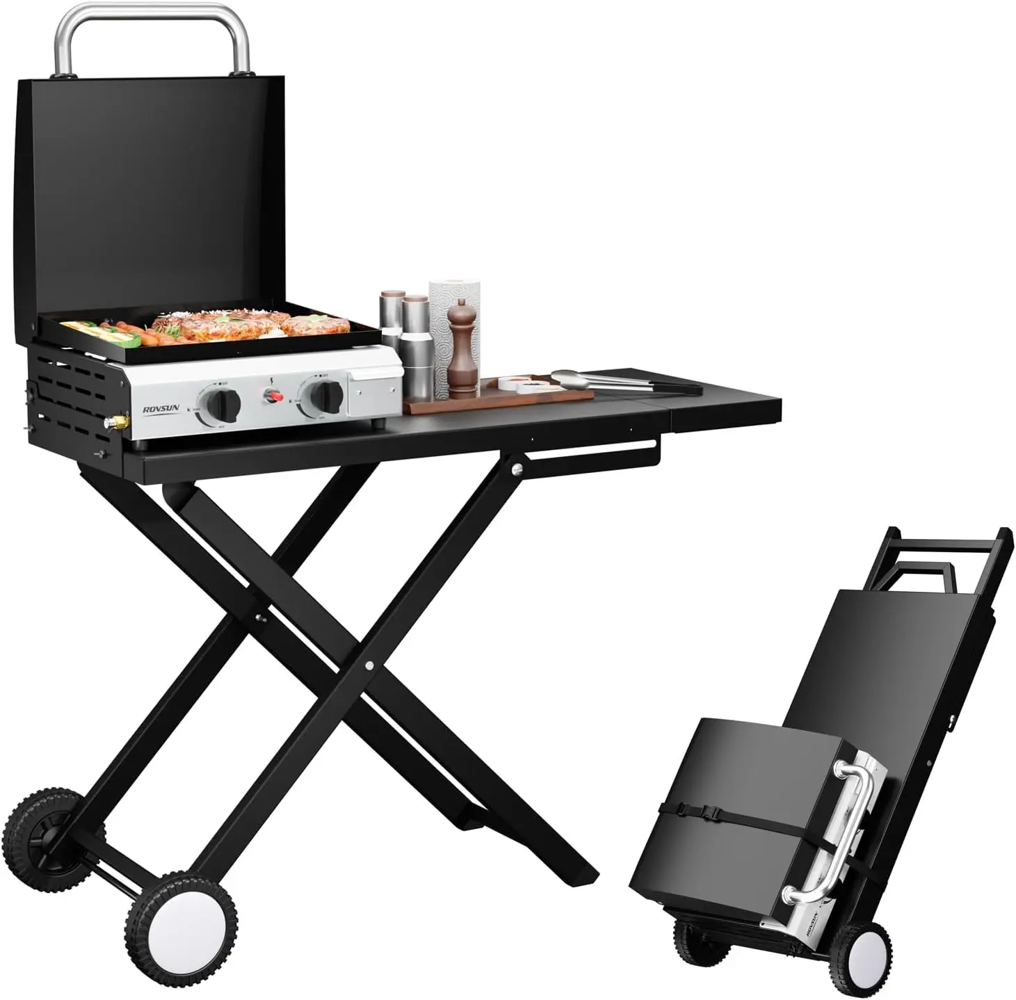 ROVSUN 2/4 Burner Foldable Propane Griddle with Wheels, Enameled Tray & Lid, 20000 BTU Portable Rolling Flat Top Gas Grill with Electronic Ignition & Regulator for Outdoor Cooking Camping BBQ Tailgating