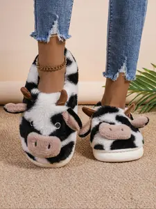 Women's Cute Cow Design Plush Slippers, Casual Soft Comfortable Home Slippers, Warm Slippers for Indoor & Outdoor Use for Fall & Winter