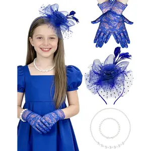 Girls  Party Fascinators Hats Lace Gloves  Necklace Set for Wedding 1920s  Party Accessories