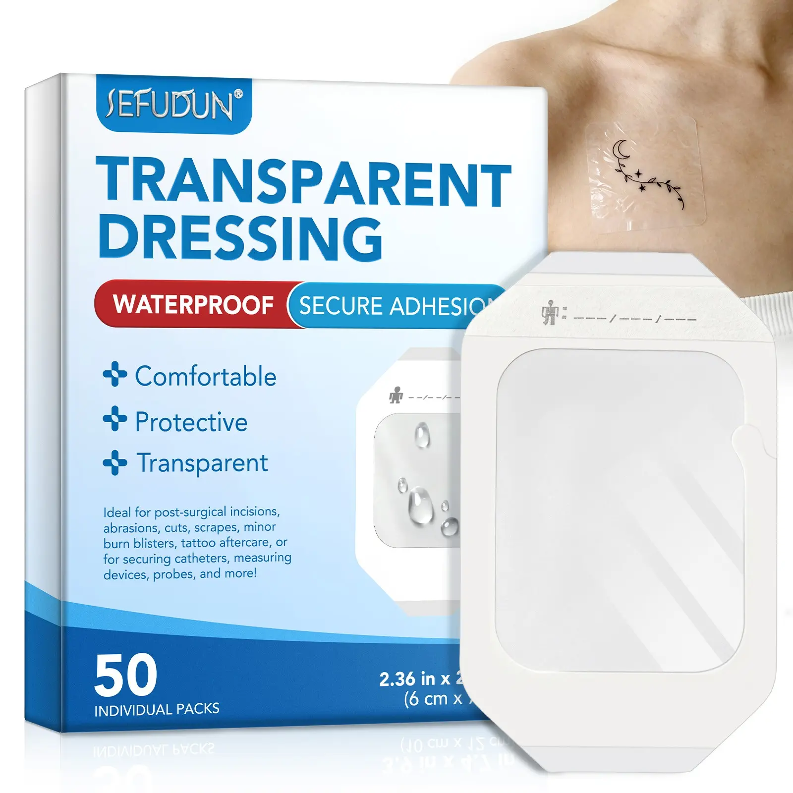 SEFUDUN Transparent Film Dressing, Patch (6x7 cm), 50 pieces, hypoallergenic, blends seamlessly with the skin, elastic material, allows for easy monitoring of skin conditions, protects the treated area, Waterproof Disposable