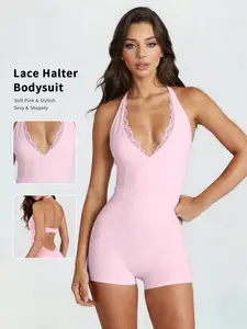 Women's Lace V-Neck Yoga Suit, Sexy Backless Butt-Lifting One-Piece Shorts, Quick-Dry Sports Gym Wear, Home Comfortable Fitness Clothes