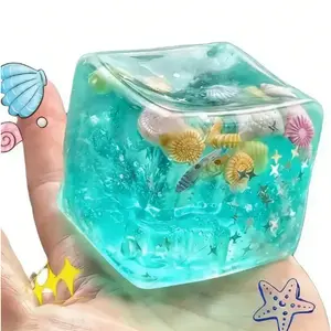3D Ocean Cube Squishy Toy, Transparent Shell Squeeze Fidget Plaything, Calming Anxiety Relief Stress Toy for Kids Adults Daily Leisure Desktop Decor & Holiday Gift fun stocking stuffers
