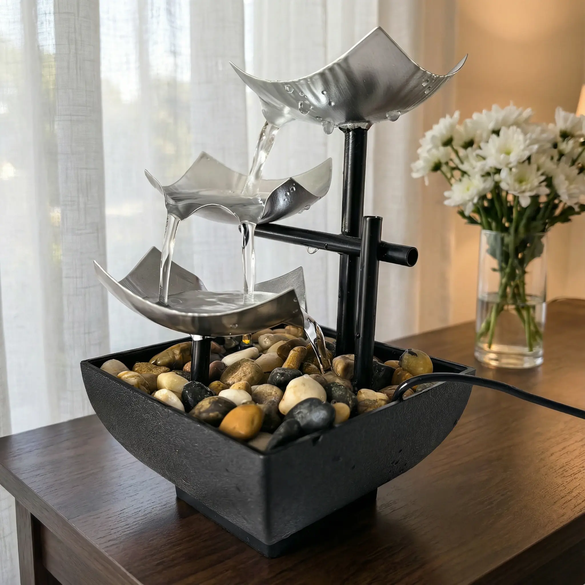Indoor LED Desktop Fountain, Waterfall Fountain Desktop Decoration, Relaxing Meditation Fountain, Peaceful And Soothing Water Sound, Home Office Decoration, Decorative Room Decoration Abstract Figure Sculpture Fluid Metal Design