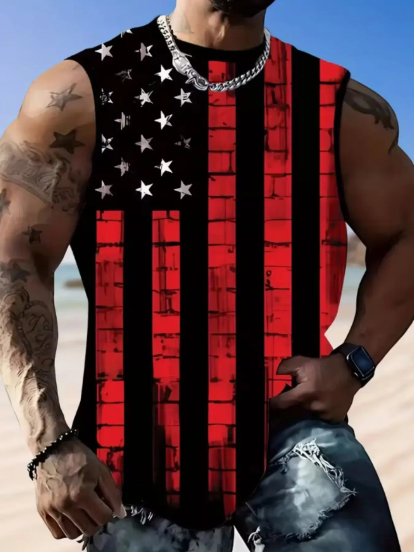 Men's American Flag 3D Digital Print Breathable Sleeveless Vest, Casual Sports Summer Fitness Vest, Fitted All over Print, Sleeveless Sports Tops