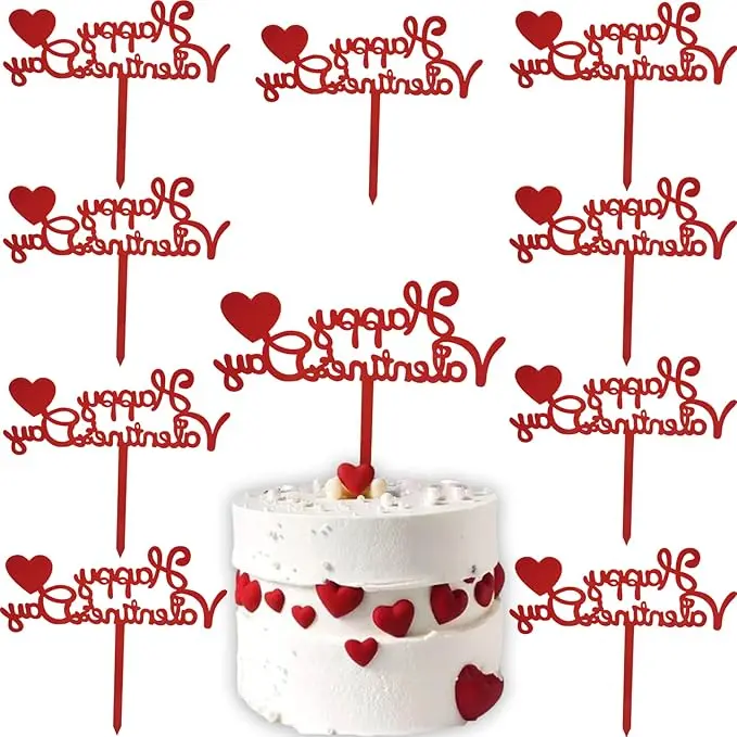 10Pcs Happy Valentine's Day Cake Topper Acrylic Cake Topper Red Valentines Day Cupcake Topper Heart Shaped Cake Picks Cake Accessories for Wedding Valentine's Day Gifts Cake Decoration Party (Red)
