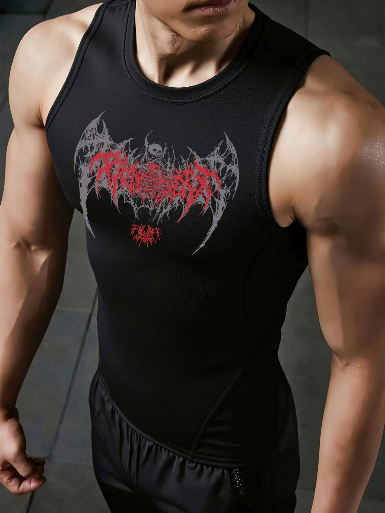 Men's quick-drying workout sleeveless sweatshirt with gothic print, High-stretch slim fit sports top, Athletic apparel, suitable for gym, running and yoga, Lightweight vest