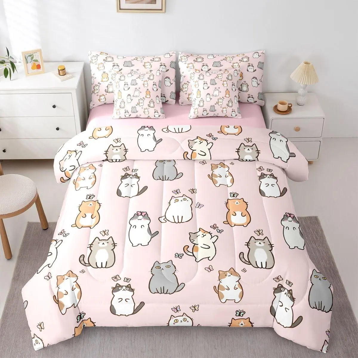 Cartoon Cat 7 Piece Comforter Set,Bed in A Bag Kawaii Cat Butterfly Bedding Set for Girls Kids Teens Cute Garfield Kitten Duvet Insert Pet Animals Theme Bed Sheets,Pink