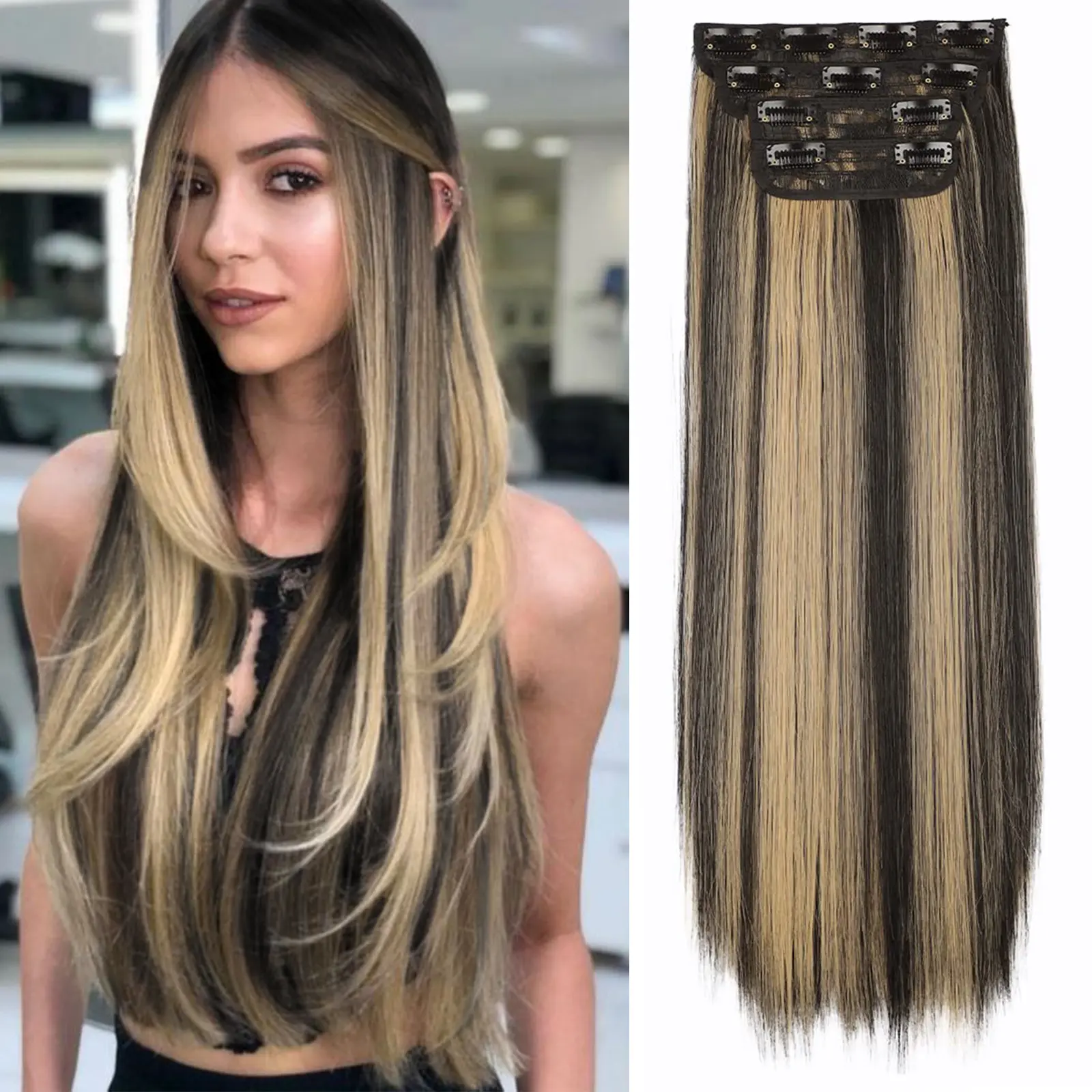 Vigorous Beauty Clip in Hair Extensions Straight Synthetic Hairpieces,Natural & Soft Hair & Blends Well Hair Extensions,Easy to Wear for Women Girls Daily Use