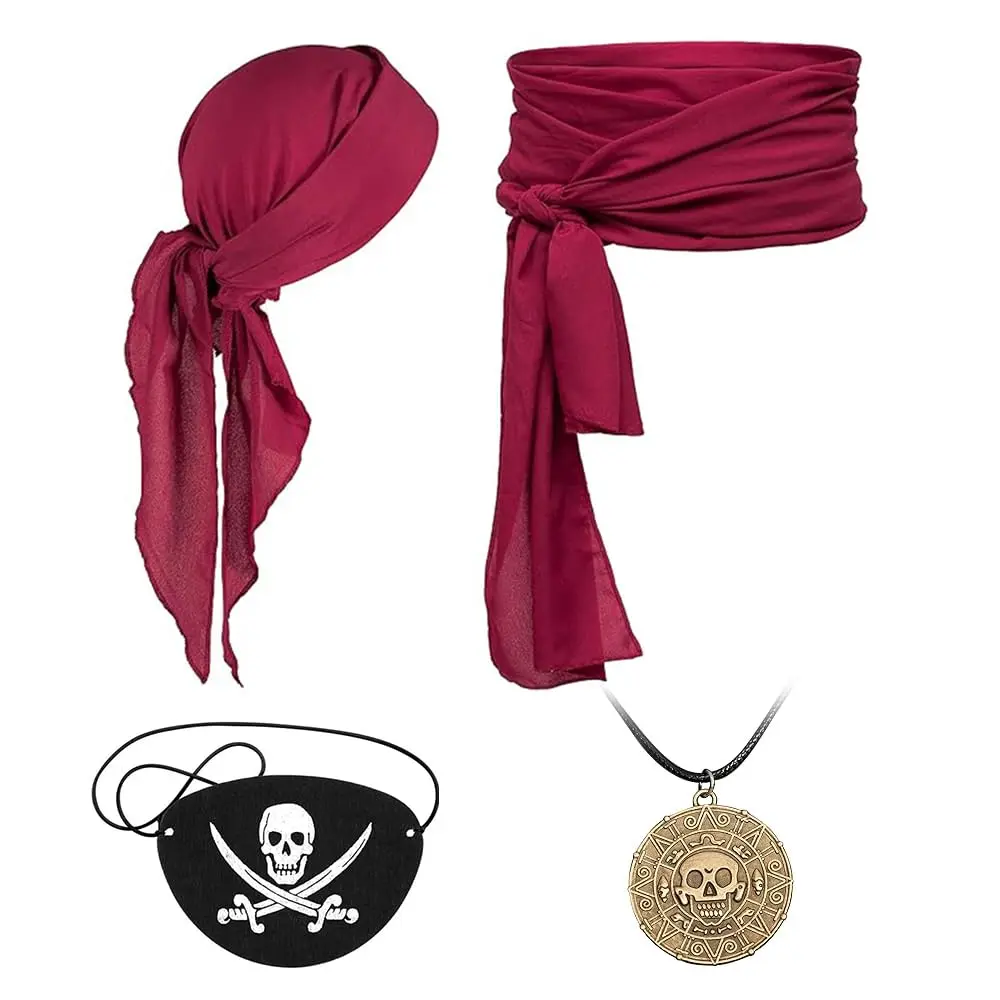WEIJIANGYQ 4PCS Vintage Fabric Pirate Costume Accessories Set for Men - Halloween, Birthday, Classic Medieval Renaissance Cosplay Set with Head Scarf, Bandana, Sash Belt