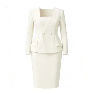 Chic White Blazer Skirt Set – Square Neck Double-Breasted Formal Outfit for Office/Business Events
