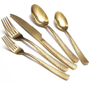 Gold Hammered Silverware Set, 20 Piece Stainless Flatware Set for 4, Food-Tableware Cutlery Set for Home Restaurant, Mirror Polished, Dishwasher Safe