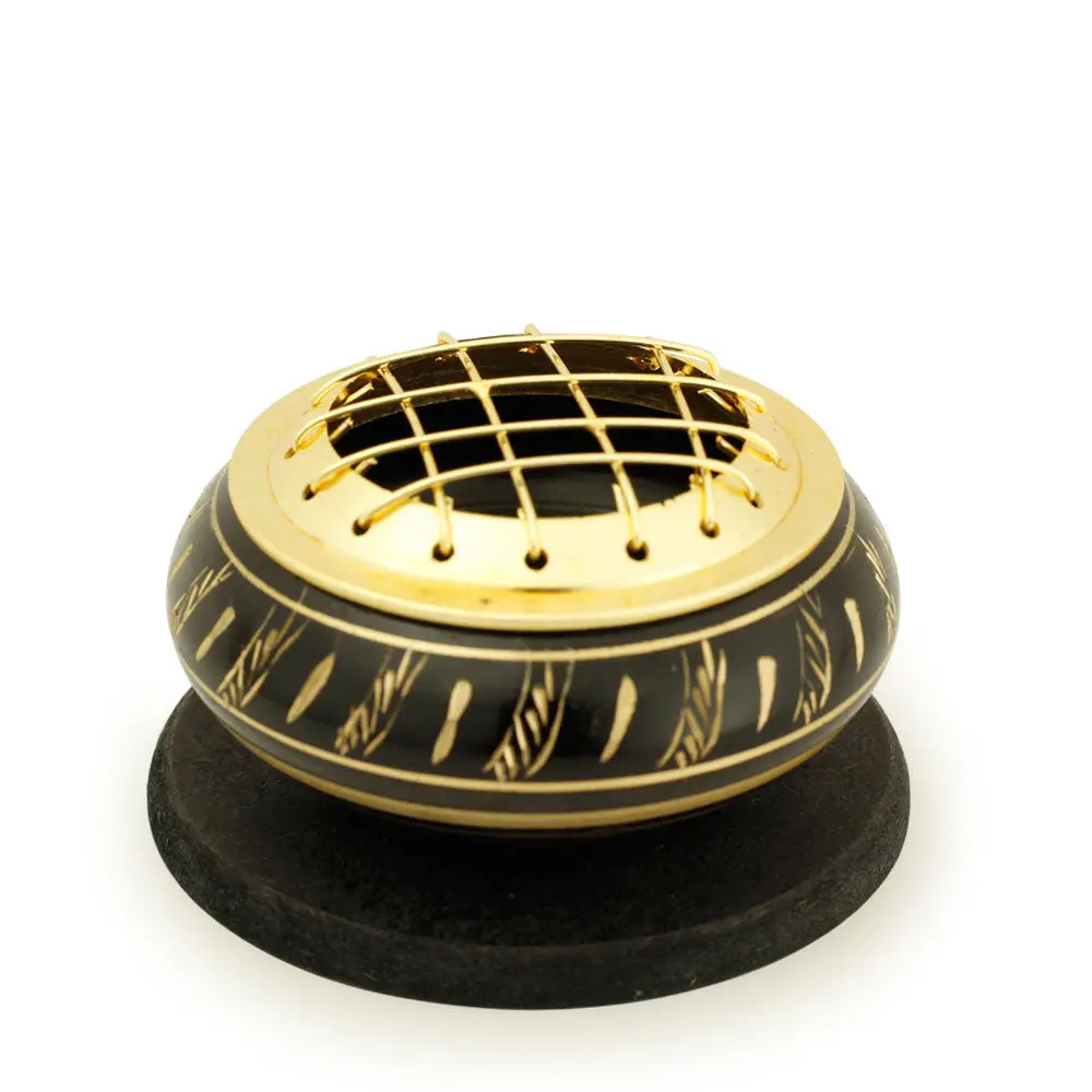 Burner - Black Brass Burner, Low Base, Feather Engraving, Net Top 1.25"Hx2.25"D