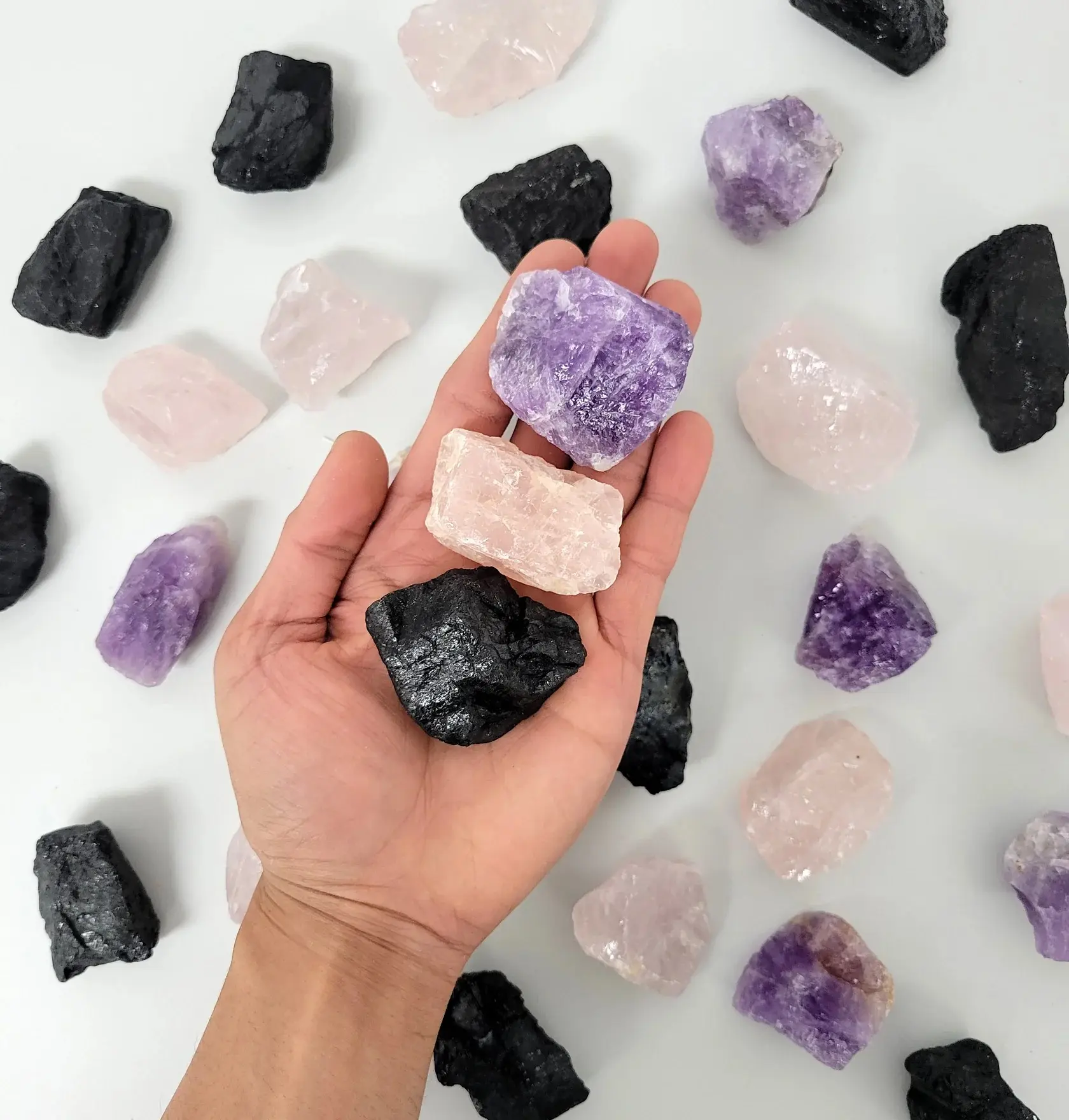 Healing Crystal Trio Set, Amethyst Black Tourmaline Rose Quartz Mini Crystal Kit
