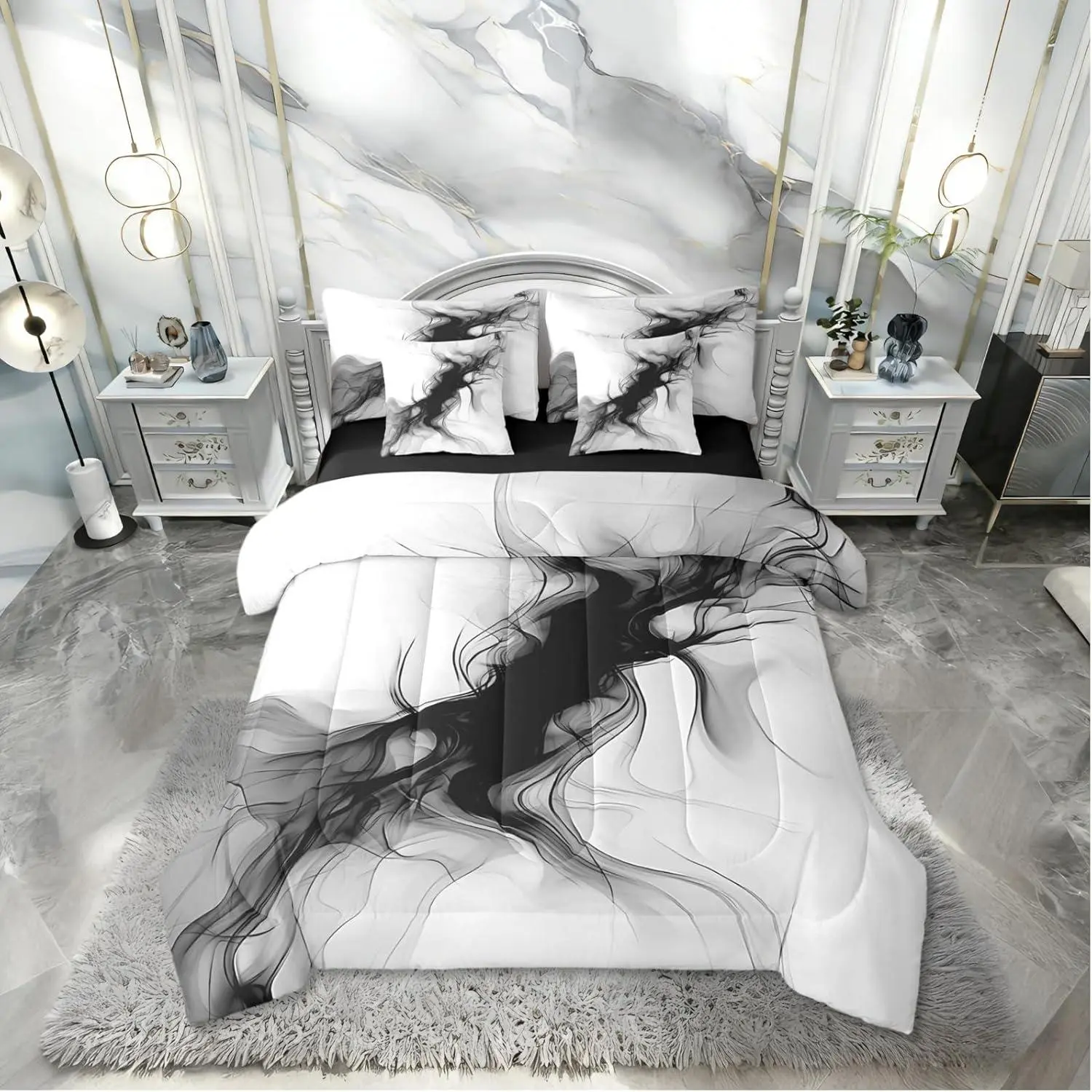 Feelyou 7-Pcs Queen Comforter Set - Soft, Breathable Microfiber Bedding with Black & White Abstract Ink Texture, Modern Ombre Grey Marble Neutral Sheets, Quilt Set Bedspread, Machine Washable Theme Bedding for Men, Theme Bedding Set