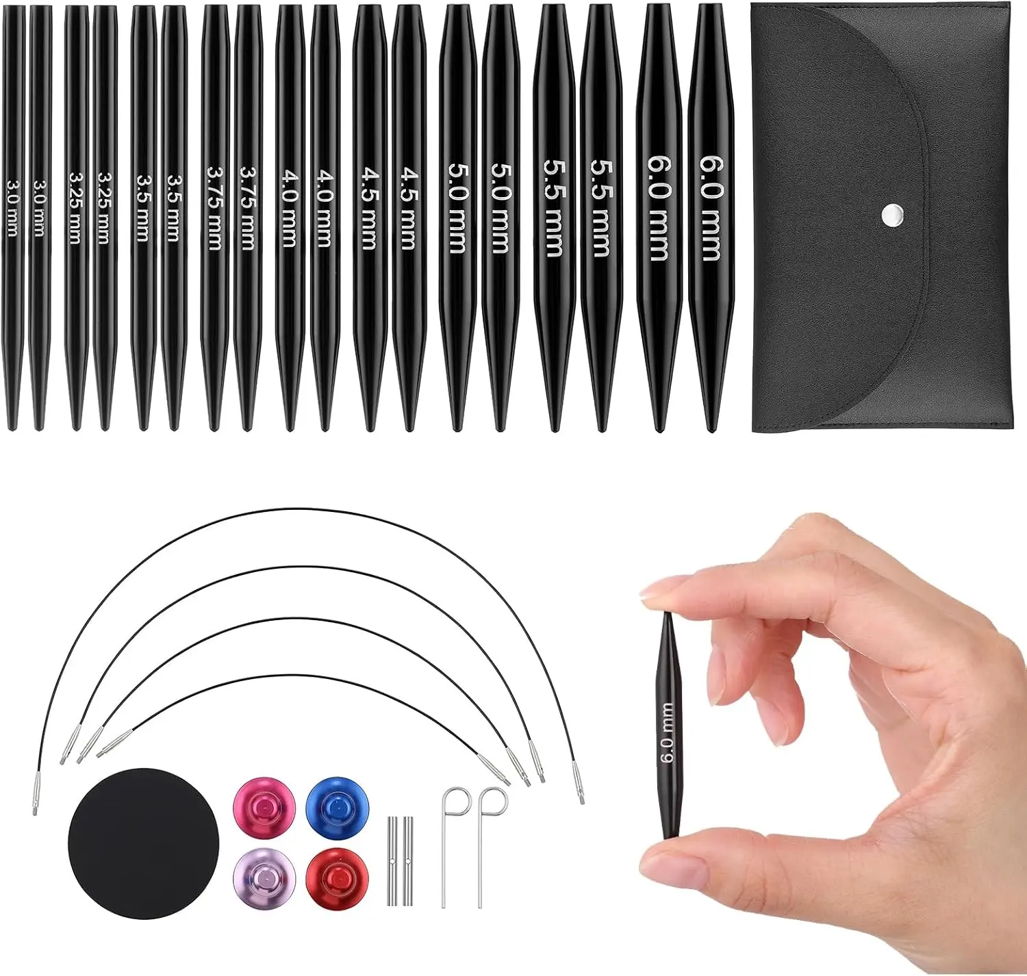 Guclud Interchangeable Circular Knitting Needle Set, 2-Inch Shorties Knitting Needles for Short Sock Knitting, Sizes US 2.5, 3, 4, 5, 6, 7, 8, 9, 10 with Small Cables, Accessories and Case, 9-Pairs Gift