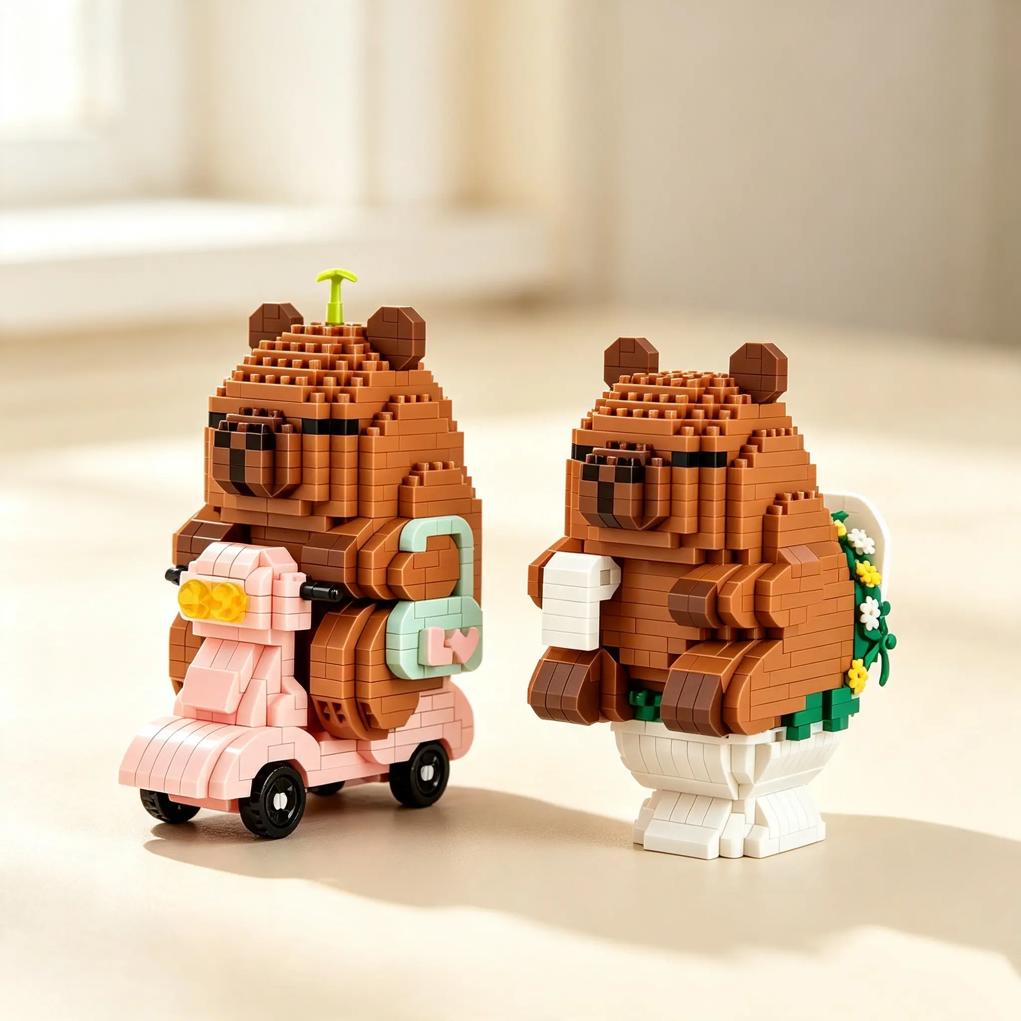 2Pcs Cute Capybara Micro Building Blocks Set, Funny Animal Mini Brick Toy with Moped & Toilet Models, DIY Construction Bricks Gift Pack for Kids & Adult Fans