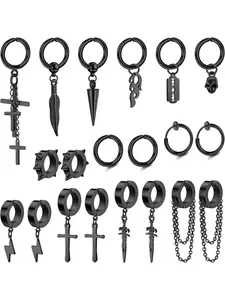 26Pcs Clip On Earrings for Men Stainless Steel Non Pierced Cross Chain Lightning Feather Spike Skull Dangle Huggie Hoop Fake Earrings Set Black Silver Gold Tone