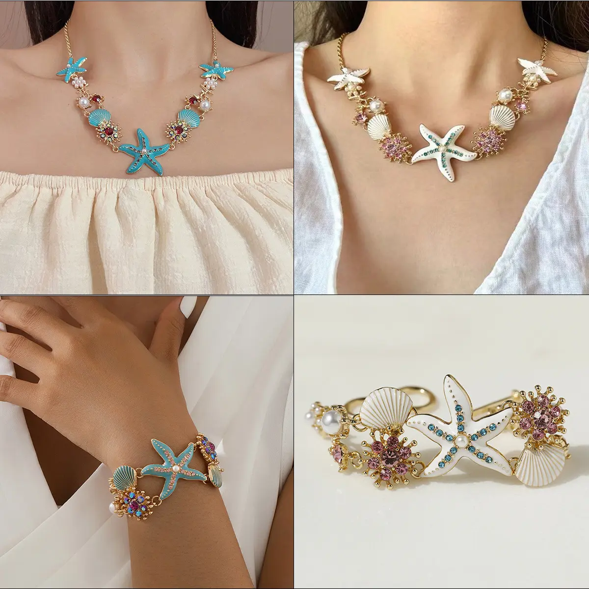 Jewellery Gift Set, Enamel Shell Pearl Necklace & Chunky Charm Bracelet for Mermaidcore Aesthetic Summer Beach Cruise, Sports & Outdoor Accessory Birthday Gift