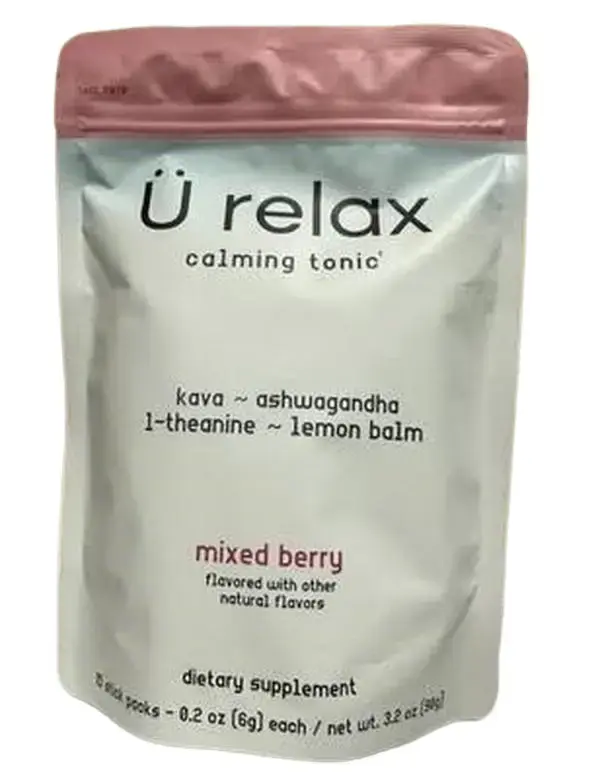 Ü Relax Calming Tonic Mixed Berry Sugar-Free Powder Dietary Supplement - 15 Ready-to-Mix Stick Packs with Stress-Relief Botanical Extracts, Kava, Ashwagandha, L-Theanine, Lemon Balm & Minerals