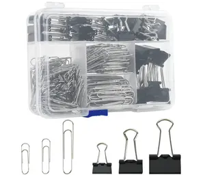 Assorted Size Binder Clips & Jumbo Paper Clips Set - 340pcs Black, Large for Office & School Supplies, in Container with Compartments