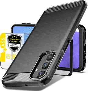 Phone Case for Samsung Galaxy A25 5G Case with Tempered Glass Screen Protector, Shock-Absorption Brushed Flexible Soft TPU Carbon Fiber Protective Cover for Samsung A25 5G (Black)