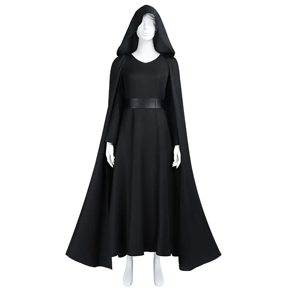 Dark Side Rey Black Hooded Suede Cloak Dress Cosplay Costume Set with PU Leather Belt for Comic Con