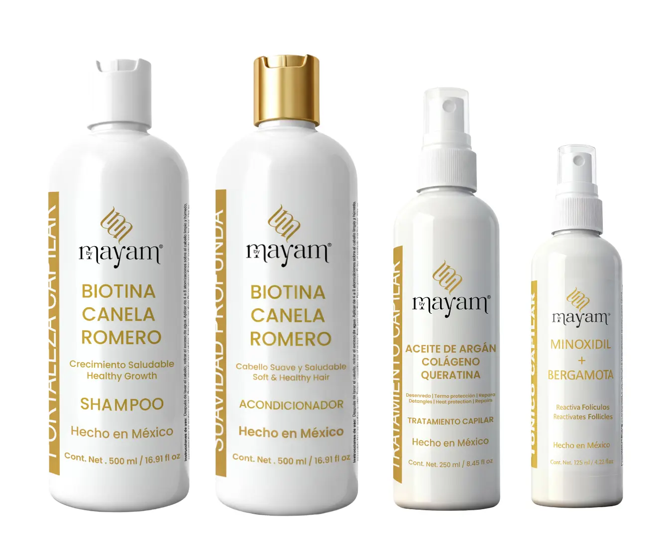 Mayam Beauty 4 STEP  Hair System | Biotin, Rosemary & Cinnamon Shampoo + Conditioner + Leave-in Conditioner + Hair Tonic with Minoxidil  500ml + 500ml + 200ml + 125ml | Made in Mexico
