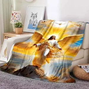 Merciful Jesus Christian God Flannel Art Blanket Throw, Soft Fluffy 4-Season Sofa Bed Cover Quilt, Thanksgiving Holiday Gift for Family Friends Children